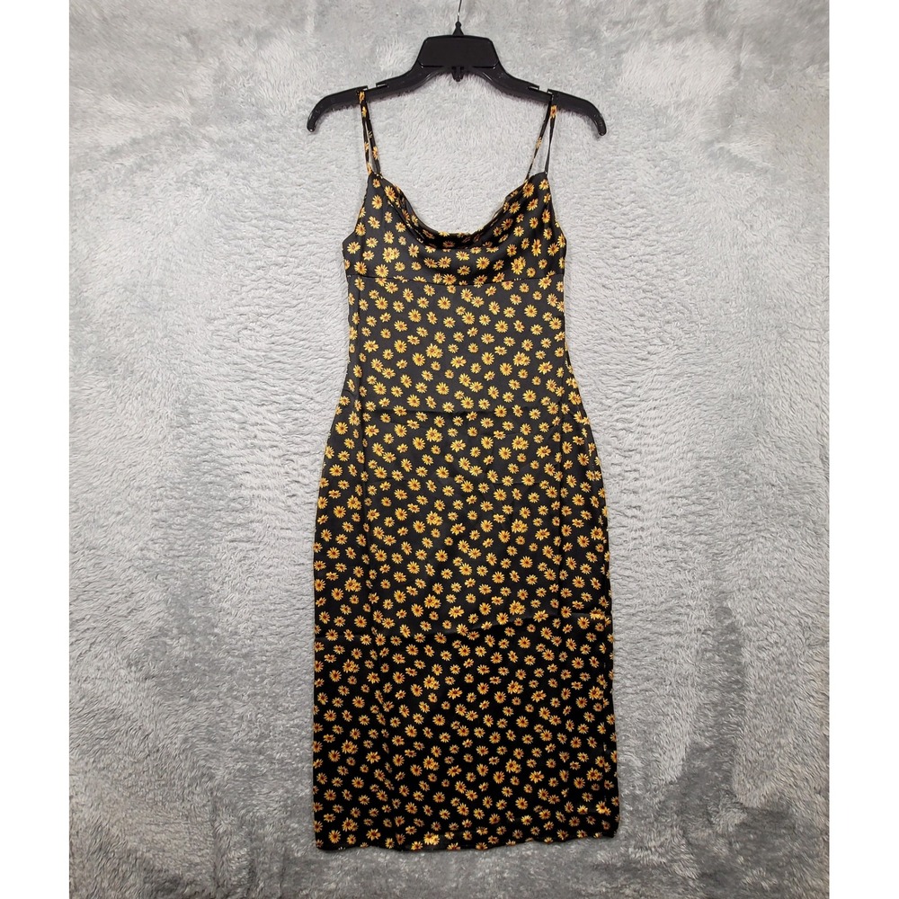 WEWOREWHAT Floral Sunflower Midi Slip Dress Cowl Neck Spaghetti Strap Black 0